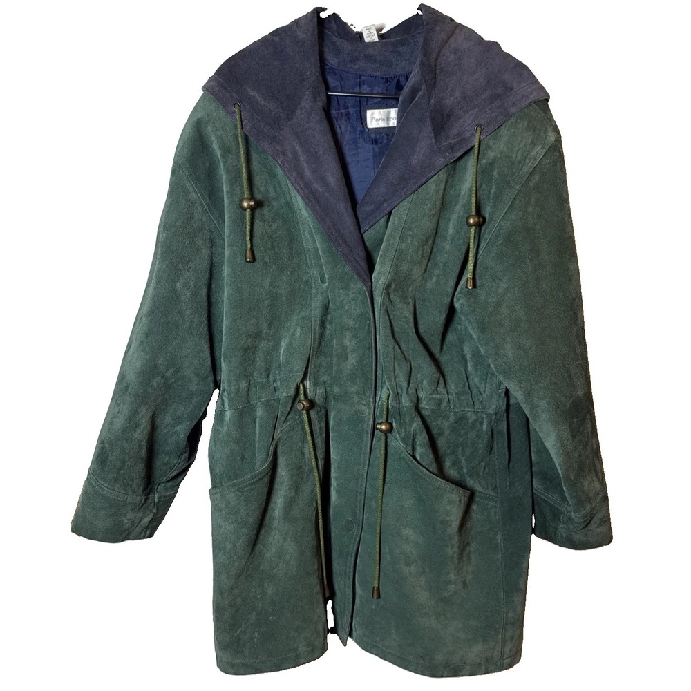 Vintage Paris Sport Club Green Suede Leather Hooded Parka Jacket Men's M 90s